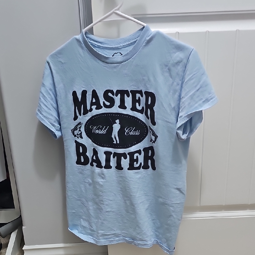 Funny FISHING Light Blue Graphic T-Shirt SMALL